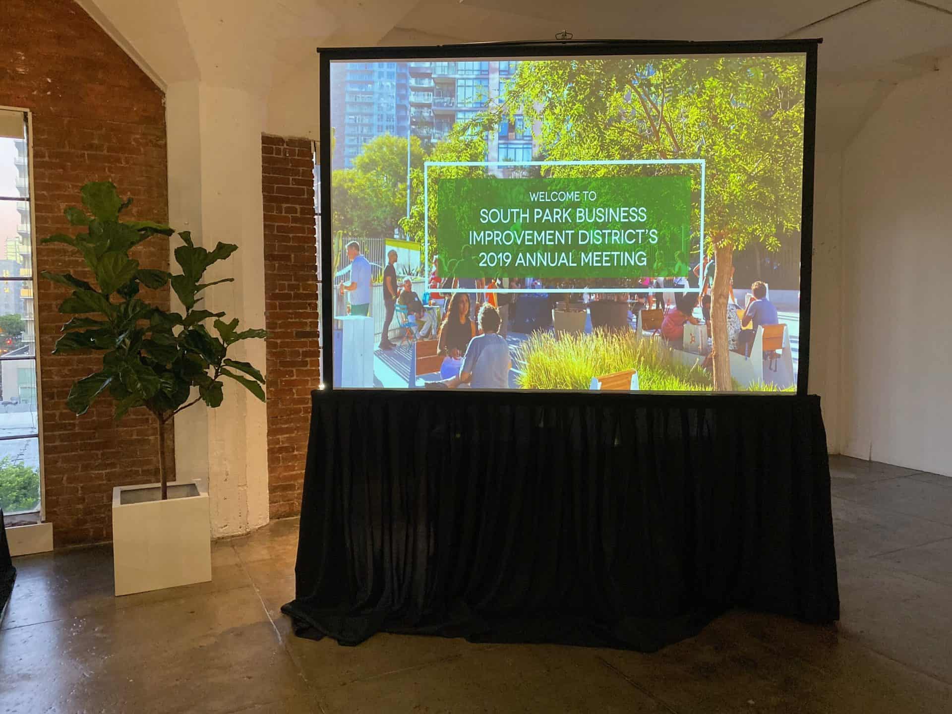 Projection screen with skirt in loft