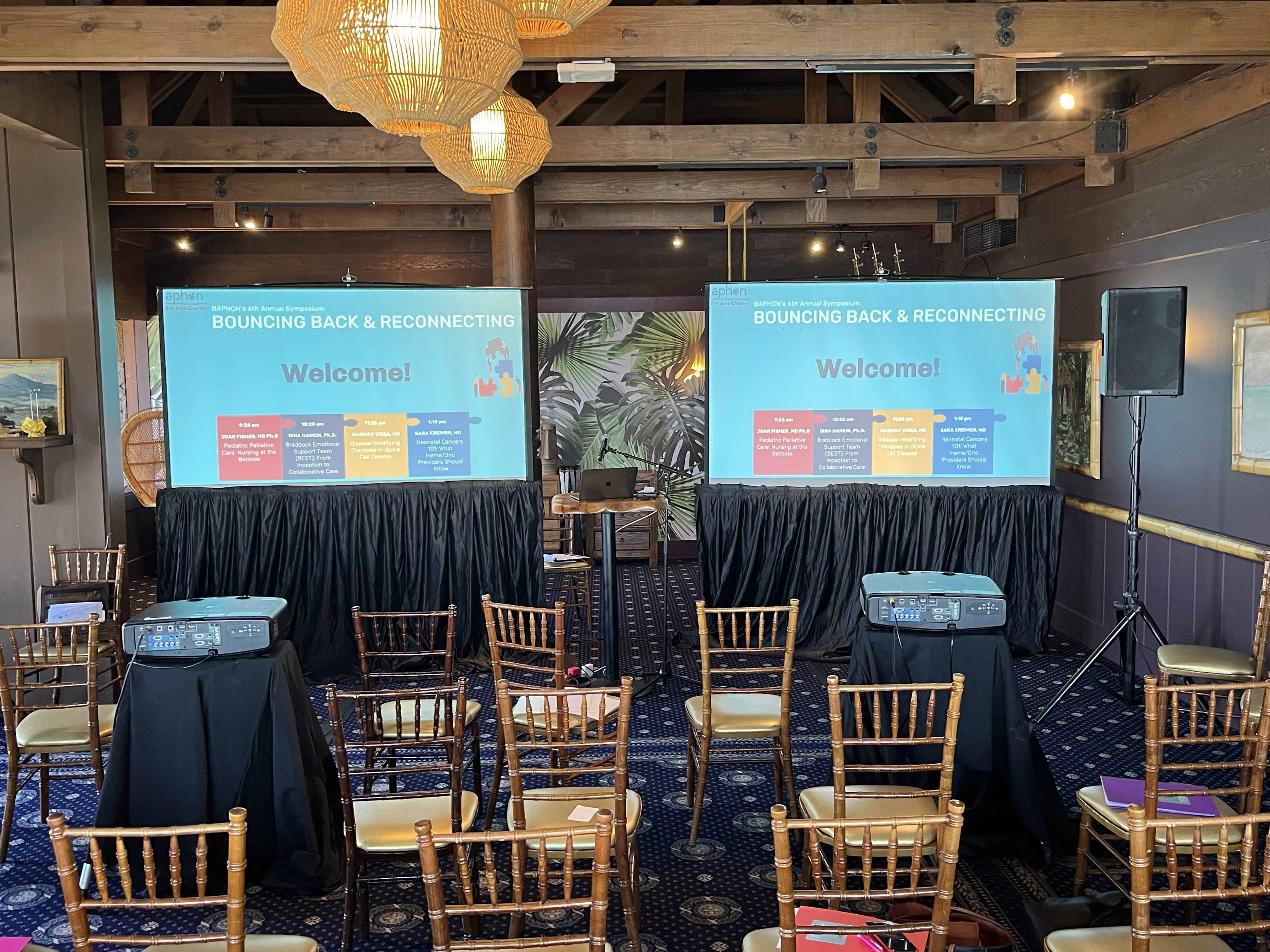 2 tripod projection screens setup for meeting in restaurant