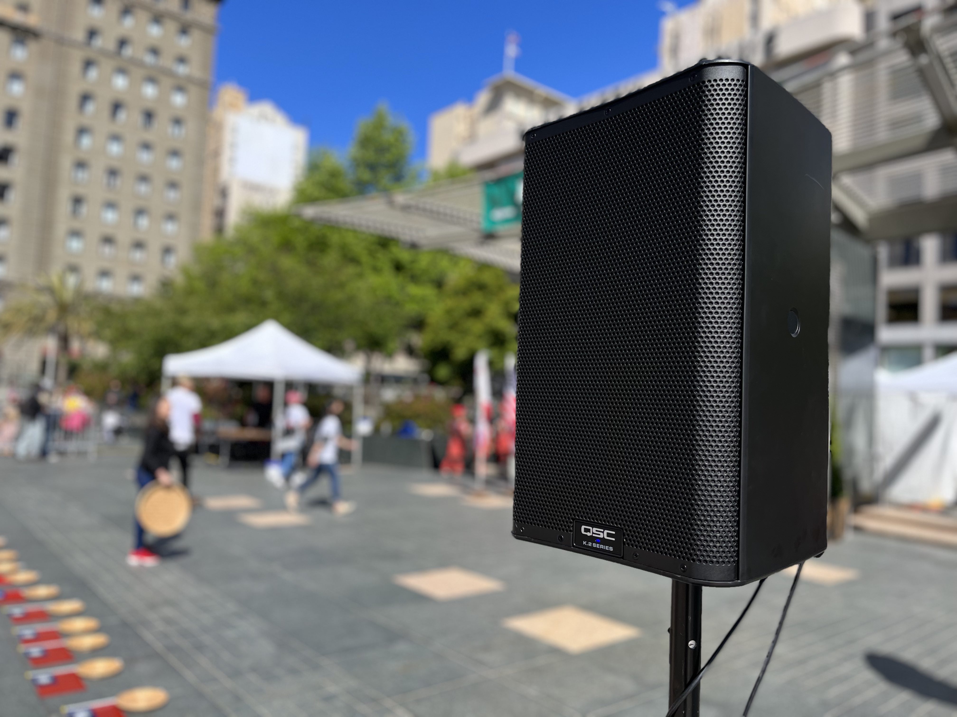 Speaker on a stand in Union Square San Francisco