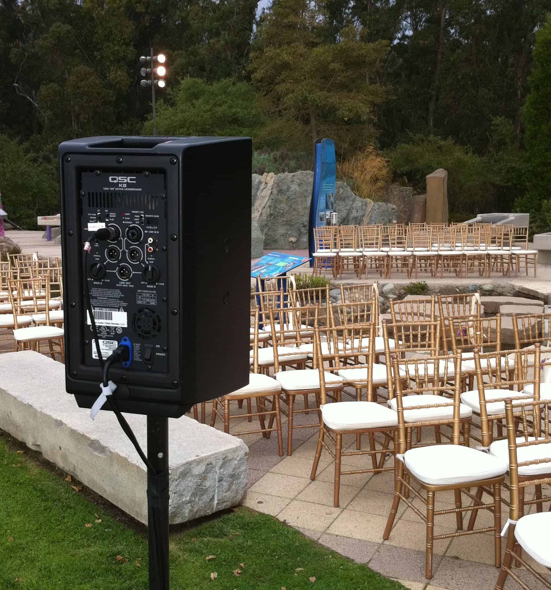 Speaker setup at an outside wedding in Berkeley