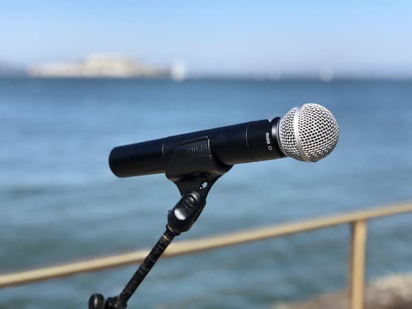 Microphone on a stand overlooking san francisco bay